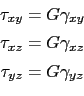 \begin{displaymath}\begin{array}{c}
 \tau_{xy} = G\gamma_{xy} \vspace{0.15cm}\\ ...
..._{xz} \vspace{0.15cm}\\ 
 \tau_{yz} = G\gamma_{yz}
 \end{array}\end{displaymath}