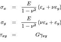 \begin{displaymath}\begin{array}{ccc}
 \sigma_x &=& \displaystyle\frac{E}{1-\nu^...
...vspace{0.25cm} \\ 
 \tau_{xy} &=& G\gamma_{xy} \\ 
 \end{array}\end{displaymath}