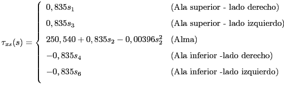 $\displaystyle \tau_{xs}(s)=\left\{
 \begin{array}{ll}
 0,835 s_1 & (\text{Ala s...
...& (\text{Ala inferior -lado izquierdo}) \vspace{0.25cm}
 \end{array}
 \right.\ $