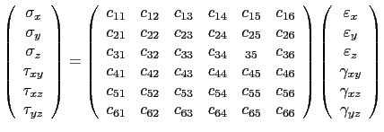 $\displaystyle \left(
 \begin{array}{c}
 \sigma_x \\ 
 \sigma_y \\ 
 \sigma_z \\...
...{z}\\ 
 \gamma_{xy} \\ 
 \gamma_{xz} \\ 
 \gamma_{yz} \\ 
 \end{array}
 \right)$