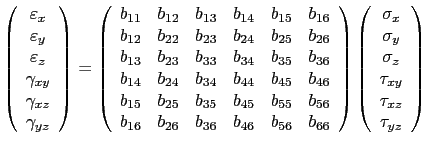 $\displaystyle \left(
 \begin{array}{c}
 \varepsilon_{x}\\ 
 \varepsilon_{y}\\ 
...
...\sigma_z \\ 
 \tau_{xy} \\ 
 \tau_{xz} \\ 
 \tau_{yz} \\ 
 \end{array}
 \right)$