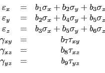 \begin{displaymath}\begin{array}{ccc}
 \varepsilon_x &=& b_1 \sigma_x + b_2 \sig...
...8 \tau_{xz} \\ 
 \gamma_{yz} &=& b_9 \tau_{yz} \\ 
 \end{array}\end{displaymath}